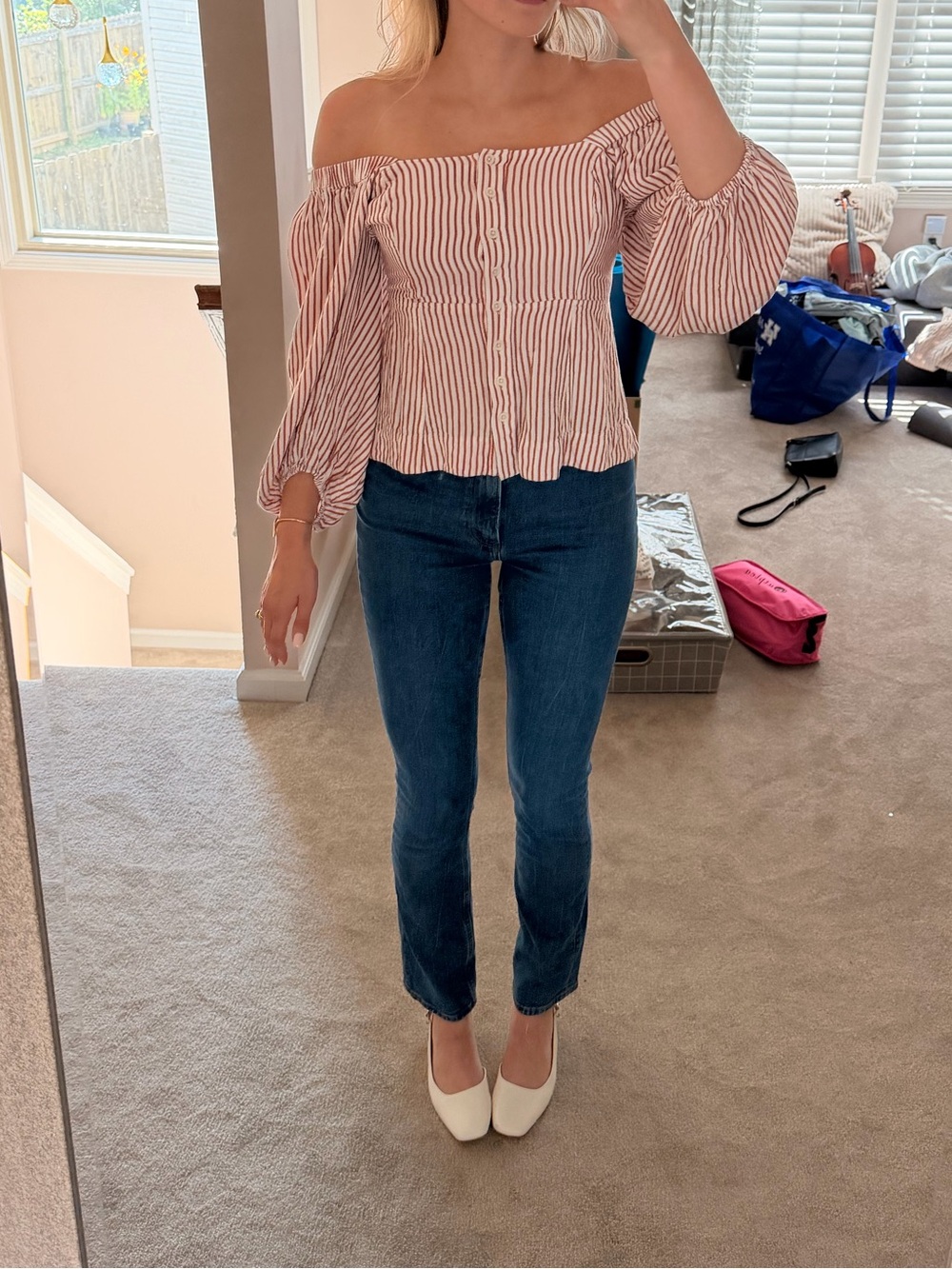 CAbi Red and White Striped Off-Shoulder Blouse
